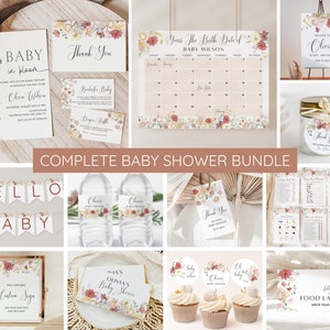 Pacote de convites para chá de bebê Baby in Bloom | Convite para chá de bebê com flores silvestres e conjunto de granulados para bebê | Modelo de chá de bebê com flores de primavera