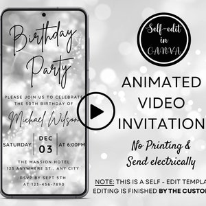 Video Invito festa di compleanno bianco argento, Invito di compleanno per uomini di qualsiasi età, Minimalista ed elegante, Modello Canva per invito con telefono digitale