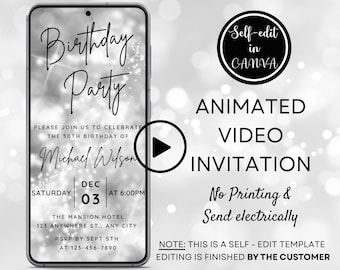 Video White Silver Birthday Party Invitation, Any Age Birthday Invite for Men, Minimalist & Elegant, Digital Phone Invitation Canva Template