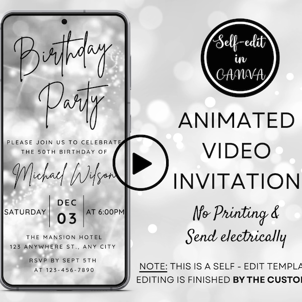 Video White Silver Birthday Party Invitation, Any Age Birthday Invite for Men, Minimalist & Elegant, Digital Phone Invitation Canva Template