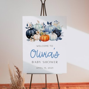 Kleine Kürbis-Babyparty-Willkommensschild, ein kleiner Kürbis ist auf dem Weg Oh Baby-Willkommens-Poster, Junge Herbst-Dusche, bearbeitbare Vorlage