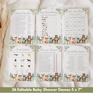 Pu&ograve; includere: Un set di 6 giochi di baby shower stampabili con un tema boschivo con una volpe, un cervo, un procione e un orso. I giochi includono "Celebrity Baby Name", "Baby's Books Mitinery", "Find the Guest Bingo", "Animal Gestation", "Mom Said - Dad Said" e "Would Mom Rather?" Ogni gioco misura 5 x 7 pollici.