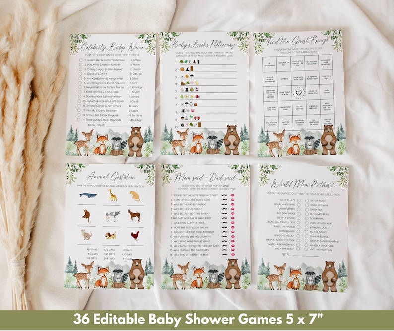 Pu&ograve; includere: Un set di 6 giochi di baby shower stampabili con un tema boschivo con una volpe, un cervo, un procione e un orso. I giochi includono "Celebrity Baby Name", "Baby's Books Mitinery", "Find the Guest Bingo", "Animal Gestation", "Mom Said - Dad Said" e "Would Mom Rather?" Ogni gioco misura 5 x 7 pollici.
