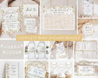 Inbjudningspaket för babyshower med bi, inbjudningsset för babyshower med föräldrar till bi, babyshower med vildblomma, välkomstskylt med spel, redigerbara mallar