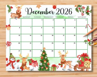 Calendario dicembre 2026 modificabile / Planner mensile per bambini, scuola, lavoro, ufficio e casa / PDF stampabile / Download immediato