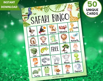 50 Safari Bingo Game Cards, Jungle Baby Shower, Safari Wild Birthday Game, Safari Animal Bingo, Classroom Game & Activity, Instant Download