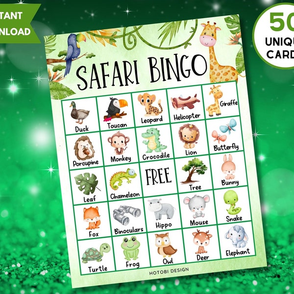 50 Safari Bingo Game Cards, Jungle Baby Shower, Safari Wild Birthday Game, Safari Animal Bingo, Classroom Game & Activity, Instant Download