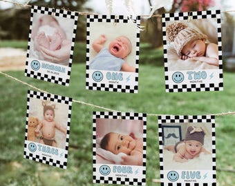 One Happy Dude Monthly Milestone Photo Cards, Retro Smiley Face First Birthday Banner, Baby Boy Photo Banner Decor, Editable Canva Template