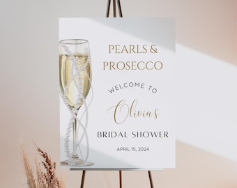 Välkomstskylt för bruddusch med pärlor och Prosecco, minimalistisk affisch med pärl- och champagnemotiv för bröllopsduschen, REDIGERINGSBAR, direktnedladdning