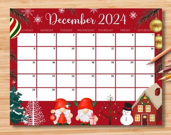 EDITABLE December 2024 Calendar, Colorful Christmas with Cute Gnomes, Printable Fillable Classroom Calendar, Kids School Home Work Schedule