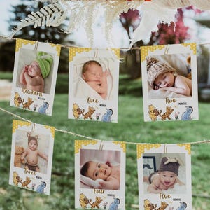 Klassische Winnie the Pooh Monatliche Meilenstein-Fotokarten, bearbeitbares Vintage Pooh 1. Geburtstagsfotobanner, Mädchen & Junge erster Geburtstag, neutral