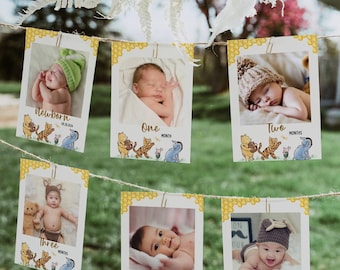 Klassische Winnie the Pooh Monatliche Meilenstein-Fotokarten, bearbeitbares Vintage Pooh 1. Geburtstagsfotobanner, Mädchen & Junge erster Geburtstag, neutral