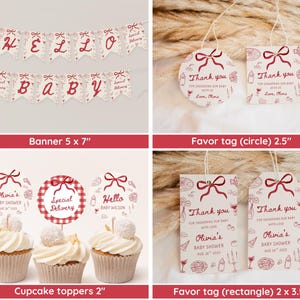 May include: A collection of baby shower decorations in red and white. Includes a banner that says "Hello Baby", favor tags, and cupcake toppers. The banner is 5 x 7 inches. The favor tags are 2.5 inches and 2 x 3.5 inches. The cupcake toppers are 2 inches.
