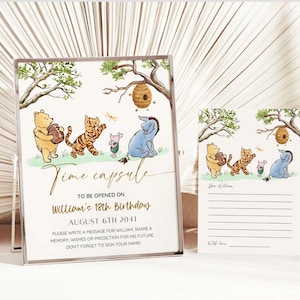 Carte et plaque capsule temporelle Winnie l'ourson, 1er anniversaire de l'ourson vintage, souvenir de baby shower classique ourson ours, non sexiste, modifiable