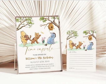 Winnie the Pooh Time Capsule Sign & Card, Vintage Pooh 1st Birthday, Classic Pooh Bear Baby Shower Keepsake, Gender Neutral, Editable