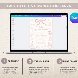 May include: A laptop displays a baby shower invitation template with a winter theme. The invitation features a pink bow, snowflakes, and winter-themed illustrations. Text on the screen reads "Baby it's cold outside." Instructions for purchase, editing, and printing are also shown.