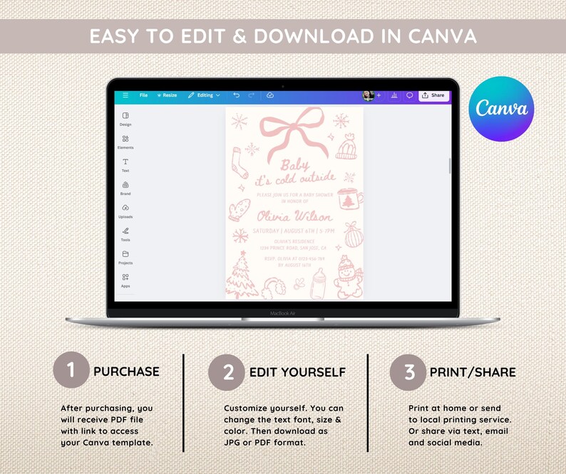 May include: A laptop displays a baby shower invitation template with a winter theme. The invitation features a pink bow, snowflakes, and winter-themed illustrations. Text on the screen reads "Baby it's cold outside." Instructions for purchase, editing, and printing are also shown.