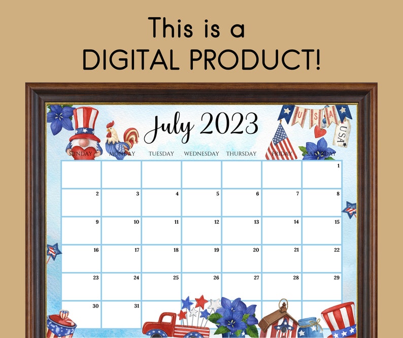 EDITABLE July 2023 Calendar 4th of July Independence Day Etsy Hong Kong