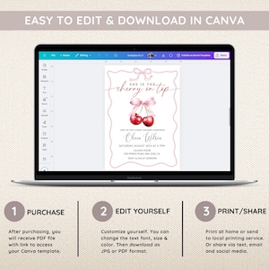 May include: Editable baby shower invitation template in Canva. The invitation features a pink and white cherry design with the text "She is the cherry in the tip". The text "Olivia Wilson" is also included, along with the date, time, and location of the event.