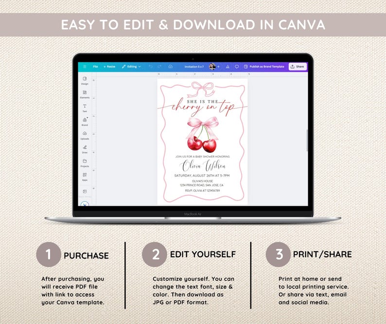 May include: Editable baby shower invitation template in Canva. The invitation features a pink and white cherry design with the text "She is the cherry in the tip". The text "Olivia Wilson" is also included, along with the date, time, and location of the event.