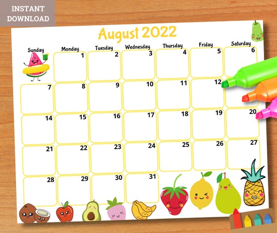 printable august 2022 calendar printable kids calendar 2022 etsy