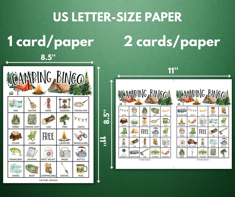Peut inclure: Deux cartes de bingo de camping imprimables avec un design aquarelle. Chaque carte mesure 8,5 pouces par 11 pouces et pr&eacute;sente une grille de 25 cases avec diff&eacute;rentes ic&ocirc;nes sur le th&egrave;me du camping. Les cartes sont con&ccedil;ues pour un jeu de bingo et comprennent un espace gratuit au centre.