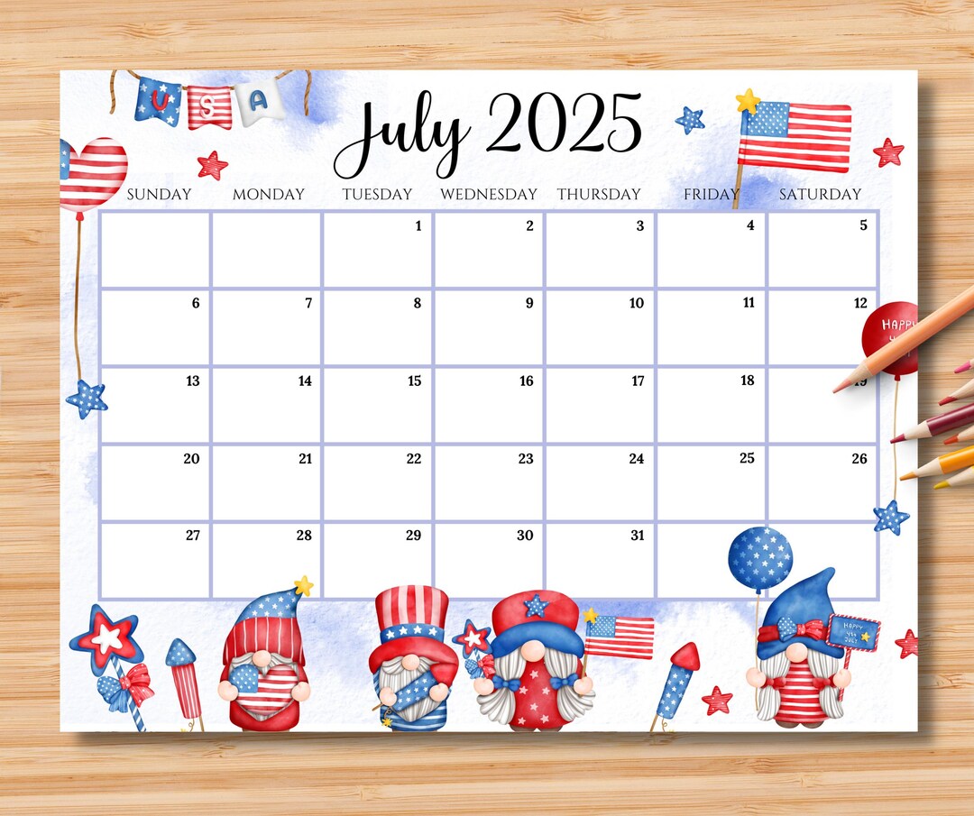 Editable July 2025 Calendar, 4th July Independence Day With Cute Gnomes, Printable Monthly