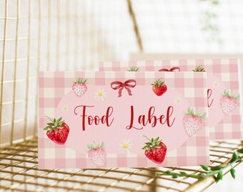 Editable Berry First Berry Sweet Place Card, Pink Gingham Strawberry Party Food Tag, Buffet Tent Card, Food Label, Table Name Card, Template