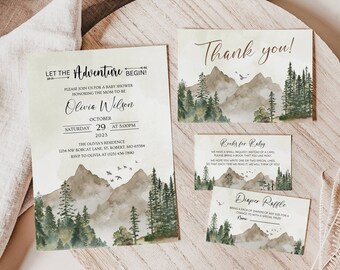 Deixe a aventura começar Pacote de convites para chá de bebê Woodland, convite para chá de bebê Woodland, chá de bebê Adventure, modelo editável