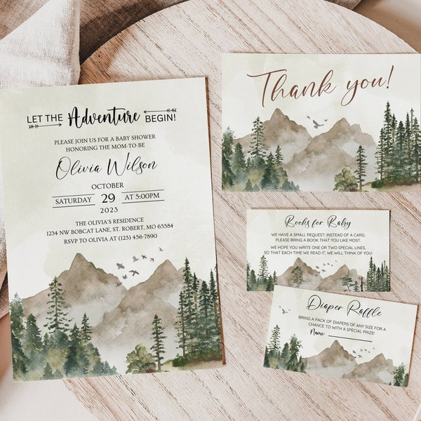 Let the Adventure Begin Woodland Baby Shower Invitation Bundle, Woodland Baby Shower Invite, Adventure Baby Shower, Editable Template