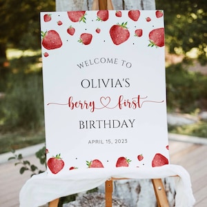 Beere zum ersten Geburtstag Willkommensschild, moderne Erdbeere Geburtstag 1. Geburtstag Willkommensschild, erster Geburtstag Willkommensplakat, bearbeitbar druckbar