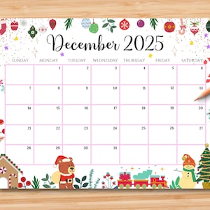 EDITABLE December 2025 Calendar, Colorful Christmas w/ Cute Ornaments, Printable Monthly Planner for Kids School Home Work Office, Digital