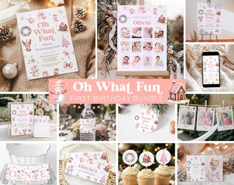 May include: A collection of pink and white first birthday party decorations. Includes invitations, a photo display, water bottle labels, cupcake toppers, and a banner. The theme features snowmen, gingerbread houses, and the text "Oh What Fun".