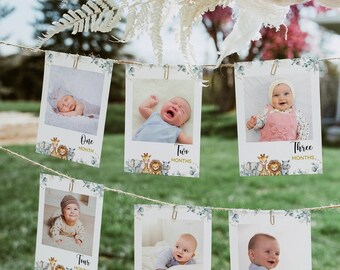Safari monthly photo banner, Babys first year photos, Milestone banner, Jungle 1st birthday decorations, Editable 12 month banner, Wild One