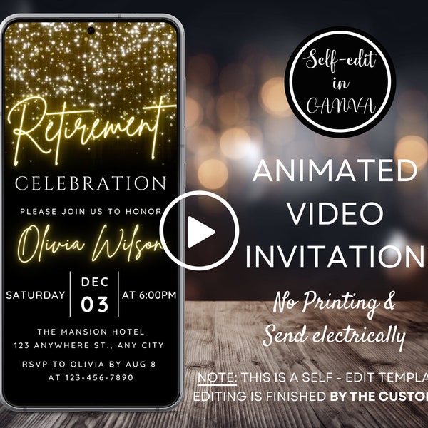Video Retirement Party Invitation, Black and Gold Invite, Electronic Retirement Celebration Evite, Digital Phone Invitation, Canva Template