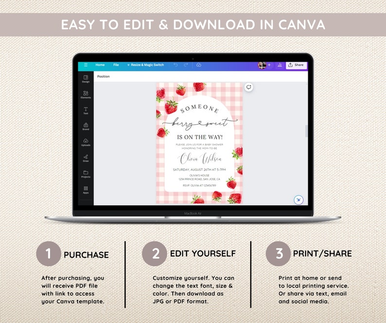 May include: A digital mockup of a laptop screen showing a pink and white gingham baby shower invitation with strawberries and the text "Someone Berry Sweet is on the way!" The invitation includes the name "Olivia Wilson", the date "Saturday, August 20th at 5-9pm", the location "Olivia's House, 1234 Prince Road, San Jose, CA", and the RSVP number "RSVP Olivia at 1234567890".