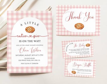 Invitación para baby shower de Cutie Pie, plantilla de invitación para baby shower de otoño para niña, tema de Acción de Gracias de Pink Pie, libros para bebé, rifa de pañales EDITABLE