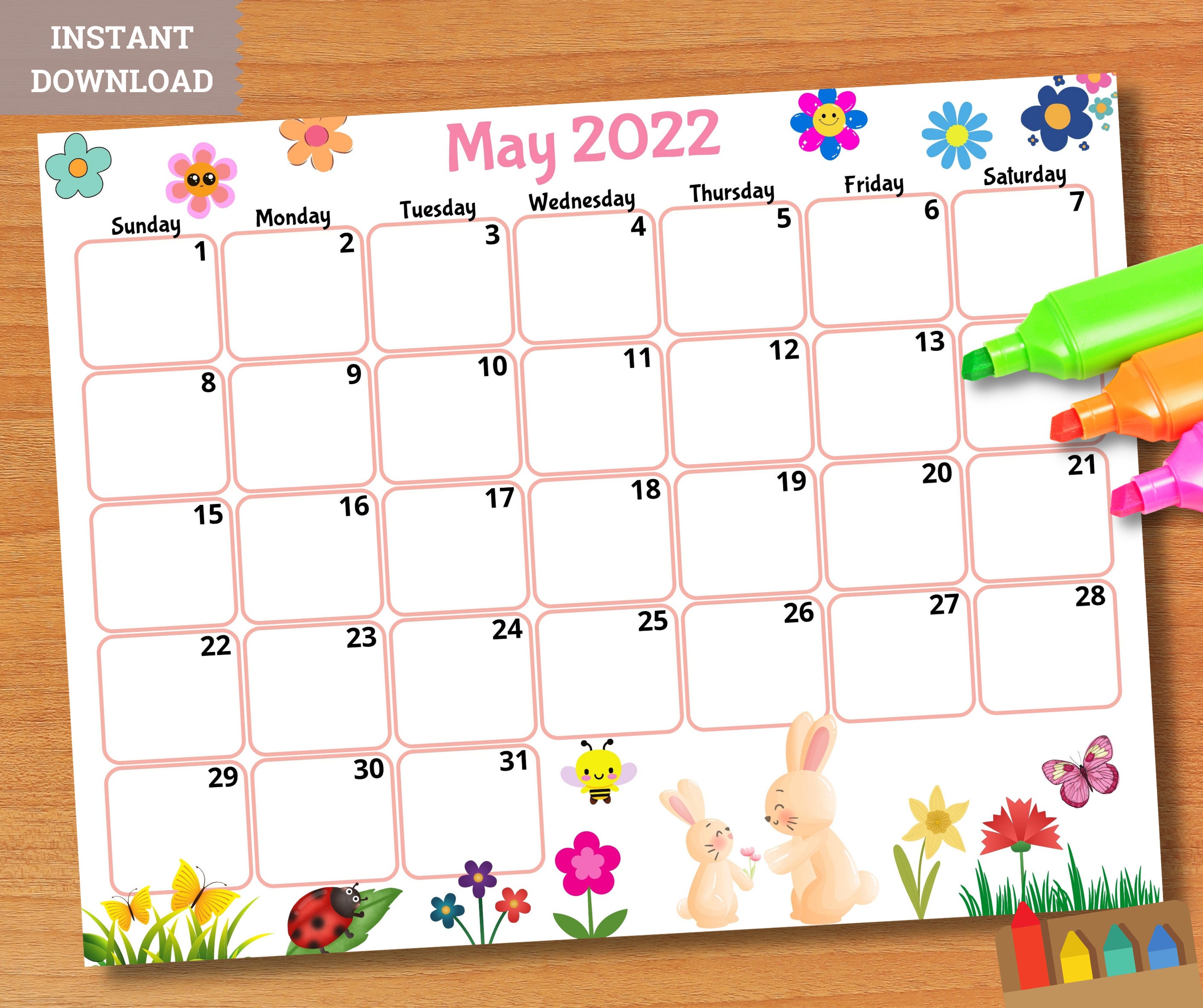 printable may 2022 calendar printable kids calendar 2022 etsy