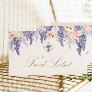 Tarjeta de lugar para baby shower de Bridgerton, etiqueta de comida para despedida de soltera victoriana, tarjeta de tienda de buffet de glicina vintage, etiqueta de comida, tarjeta con nombre de mesa EDITABLE