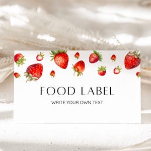 Marque-place pour baby shower aux fraises, étiquette de nourriture pour bébé, saupoudrer de petits fruits, carte de tente buffet de douche d'été, étiquette d'aliment, carte de nom de table, MODIFIABLE
