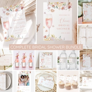 Paquete de invitación para despedida de soltera con pétalos y prosecco, plantilla editable para despedida de soltera con flores rosas, cartel de bienvenida, paquete de juego, descarga instantánea