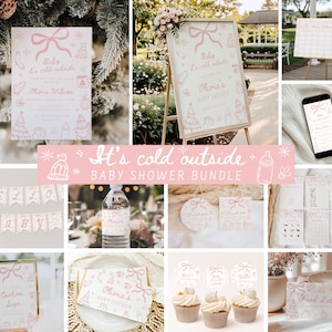 Pode incluir: Um conjunto para chá de bebé com tema rosa e branco. Inclui convites, um letreiro de boas-vindas, uma faixa, rótulos para garrafas de água, toppers para cupcakes e muito mais. O texto "It's cold outside" e "Baby Shower Bundle" são visíveis.