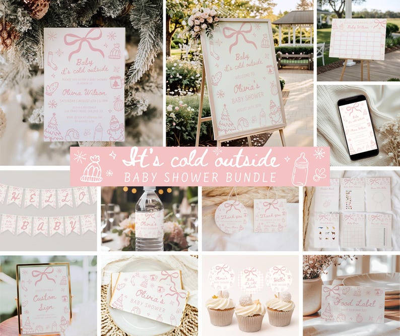 Baby It’s Cold Outside winter baby shower bundle for girl with pink snowflakes and hand-drawn winter wonderland theme, editable Canva invitation and games.