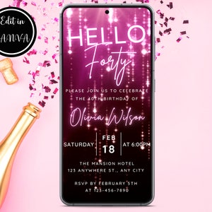40. Geburtstag Einladung, Neon Pink Glow Party, Vierzig Geburtstag elektronische Einladung, bearbeitbare Vorlage, Textnachricht einladen, Sofortiger Download