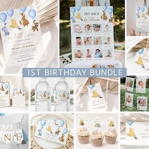 Winnie the Pooh First Birthday Invitation Bundle, Classic Pooh Bear 1st Birthday Party, Winnie 1st Bday Invite, Blue Balloon Decor, Editable