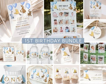 Winnie the Pooh First Birthday Invitation Bundle, Classic Pooh Bear 1st Birthday Party, Winnie 1st Bday Invite, Blue Balloon Decor, Editable