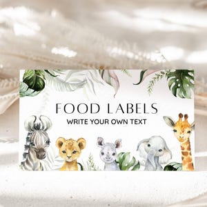 Marque-place pour baby shower animaux safari, étiquette de nourriture pour bébé safari, carte tente buffet animaux de la jungle, étiquette d'aliment, carte de visite de table, bébé garçon, MODIFIABLE