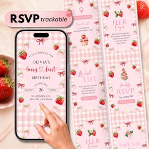 Berry First Birthday Website Invitation, Online RSVP Digital Invite, Strawberry Pink Gingham, Editable Canva Template, Instant Download