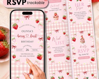 Berry First Birthday Website Invitation, Online RSVP Digital Invite, Strawberry Pink Gingham, Editable Canva Template, Instant Download