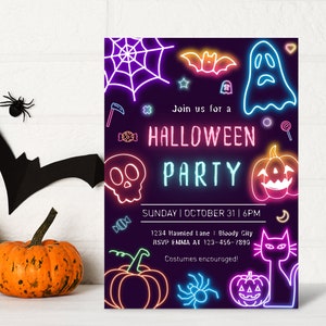 May include: A Halloween party invitation with neon-style graphics on a dark purple background. The design includes a spiderweb, bat, ghost, pumpkin, and the text "Halloween Party". The invitation also includes the date, time, and address.